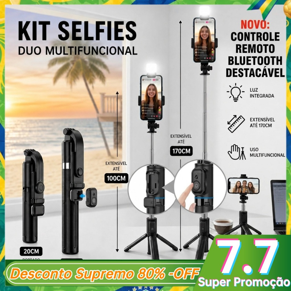 Pau de Selfie Tripé com Luz LED Recarregável Bluetooth Extensível e Portátil para Celular