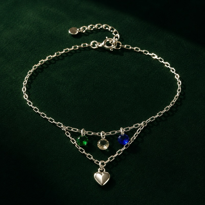 Pulseira Pedras Coloridas e Coração Liso em Prata 925 Feminina