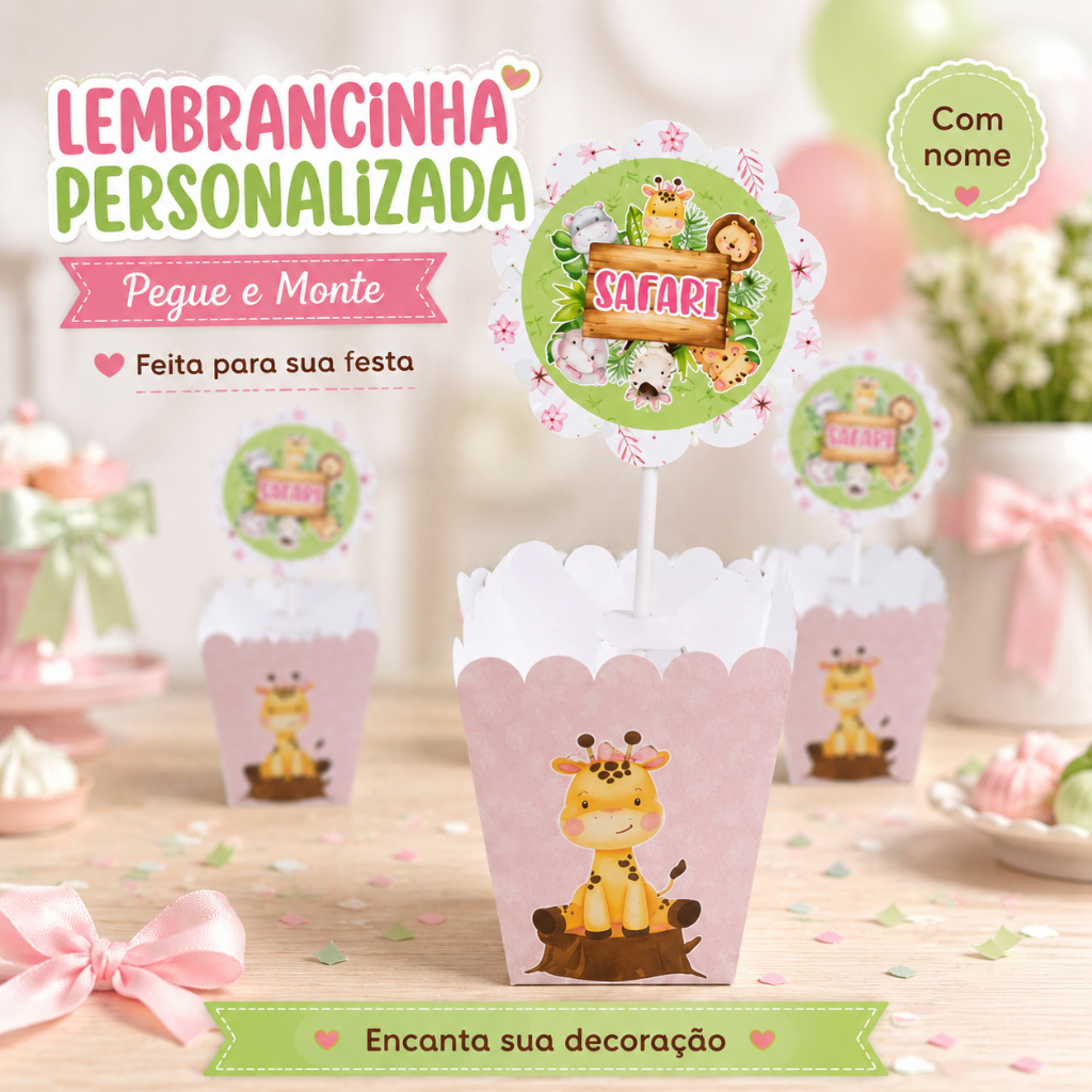 Centro de Mesa Cachepô Personalizado Safari Rosa Festa Infantil, Lembrancinha Criativa, PEGUE E MONTE