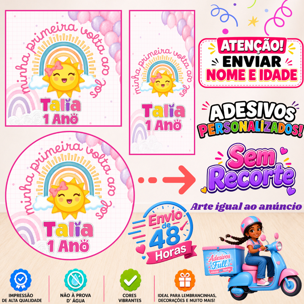 Minha Primeira Volta ao Sol Rosa - 100/60/40 Adesivos Personalizados Lembrancinhas Festa Aniversário