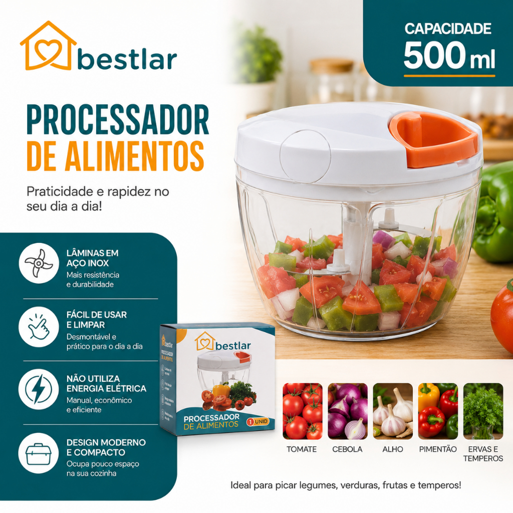 MINI PROCESSADOR MANUAL DE ALIMENTOS COM LÂMINAS EM AÇO INOX–TRITURADOR DE LEGUMES E TEMPEROS-500 ML