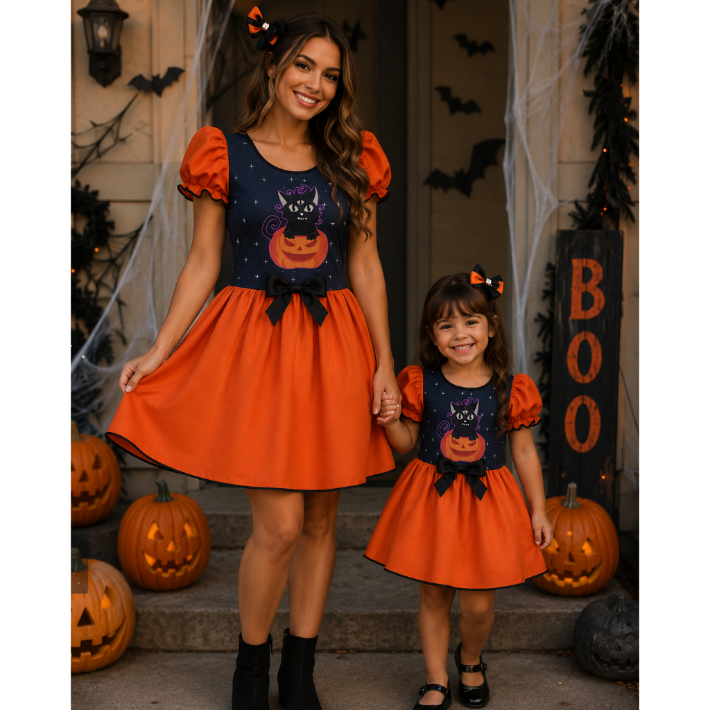 VESTIDO FANTASIA INFANTIL HALLOWEEN ABÓBORA GATA GATINHA LARANJA FESTA