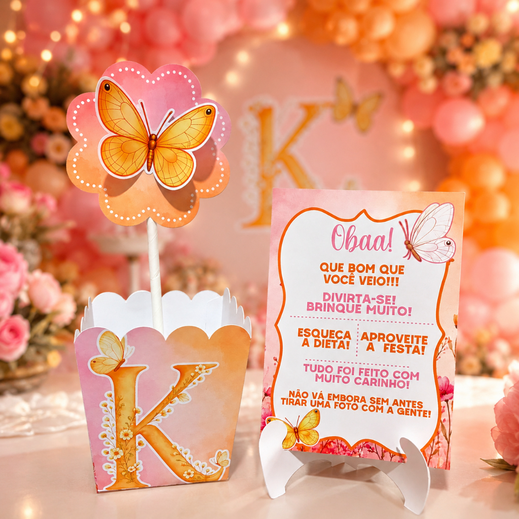KIT 10/20/30 Centro De Mesa Jardim Encantado/Jardim Borboletas Laranja Personalizado Cachepô+Plaquinha LembrancinhaFesta