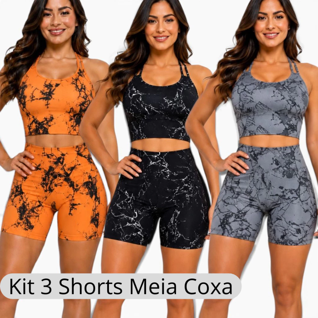 Kit 3 Shorts Marmorizado Meia Coxa Roupa Fitness Feminina Zero Transparência Cós Alto — imagem 1
