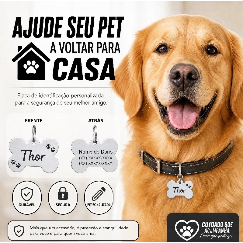 Placa de Identificação Pet Plaquinha Pingente personalizada Cachorro Gato