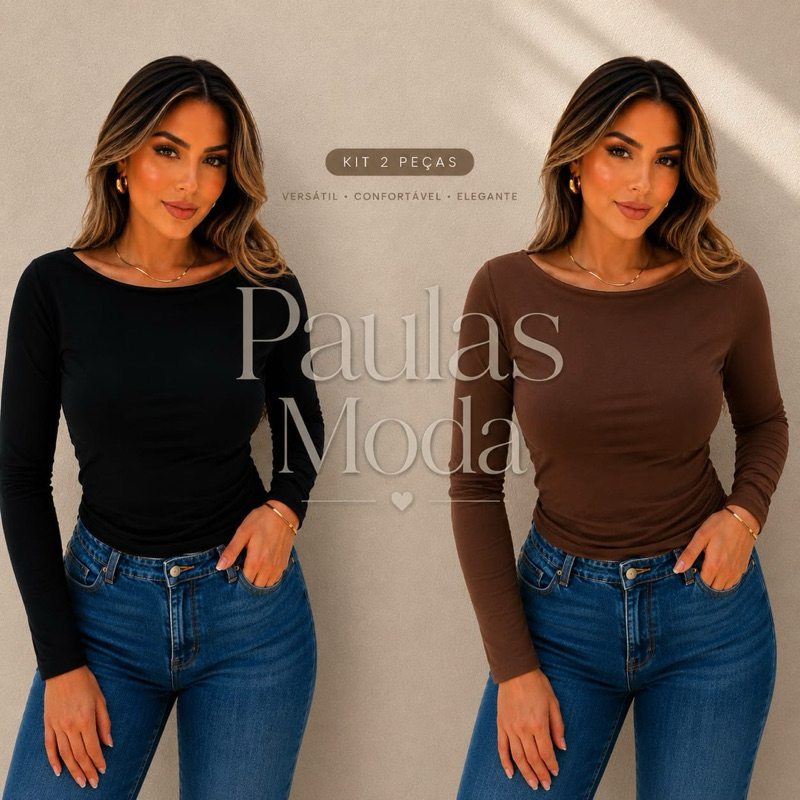 kit 2 Blusas Suplex Premium Elegante Manga Longa Gola Canoa Moda Zaraa Gringa Basica