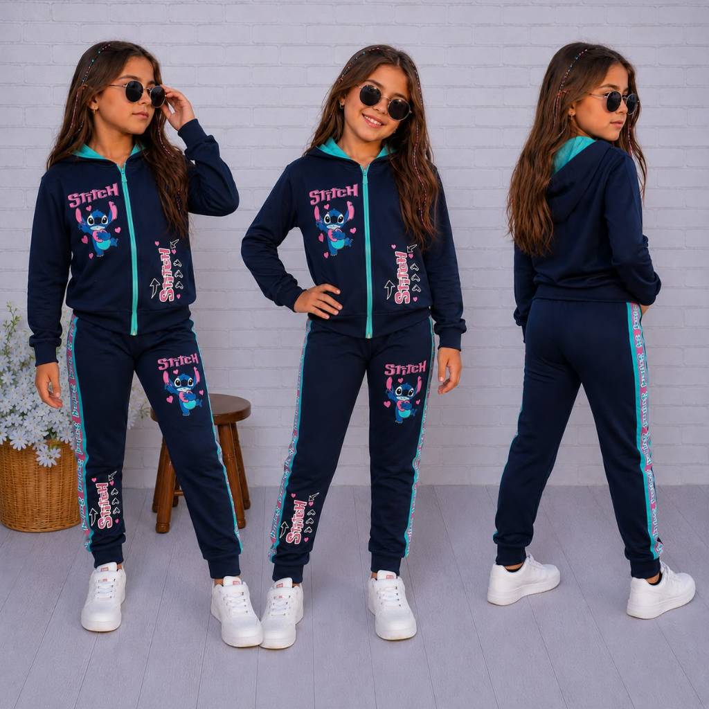 Conjunto Infantil Menina Inverno Stitch Abrigo Calça E Casaco  Confortável Estiloso E Quentinho
