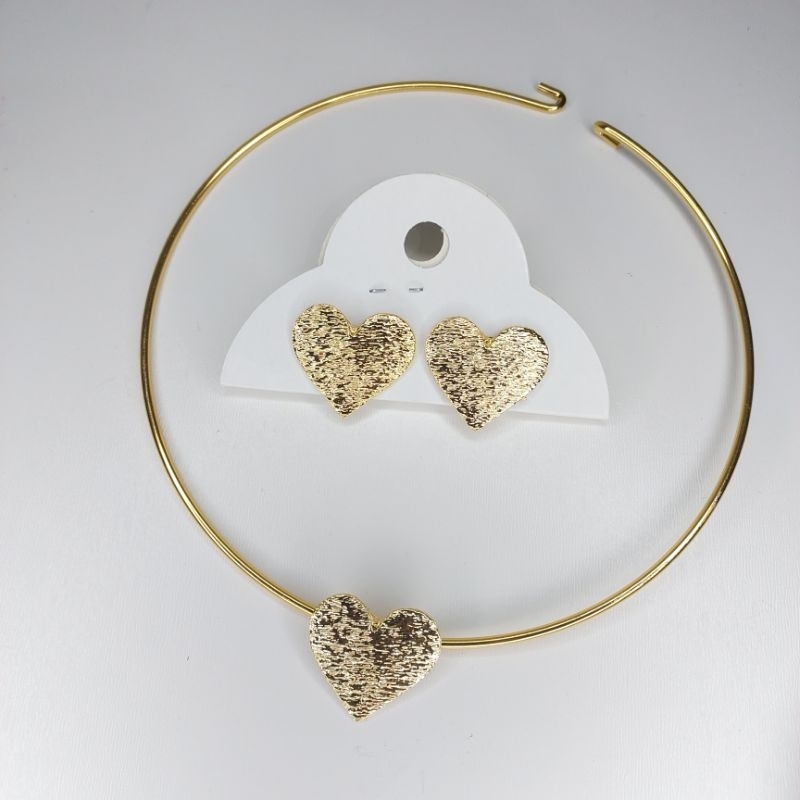 Colar Choker + Brinco Conjunto folheado Dourado - Coração