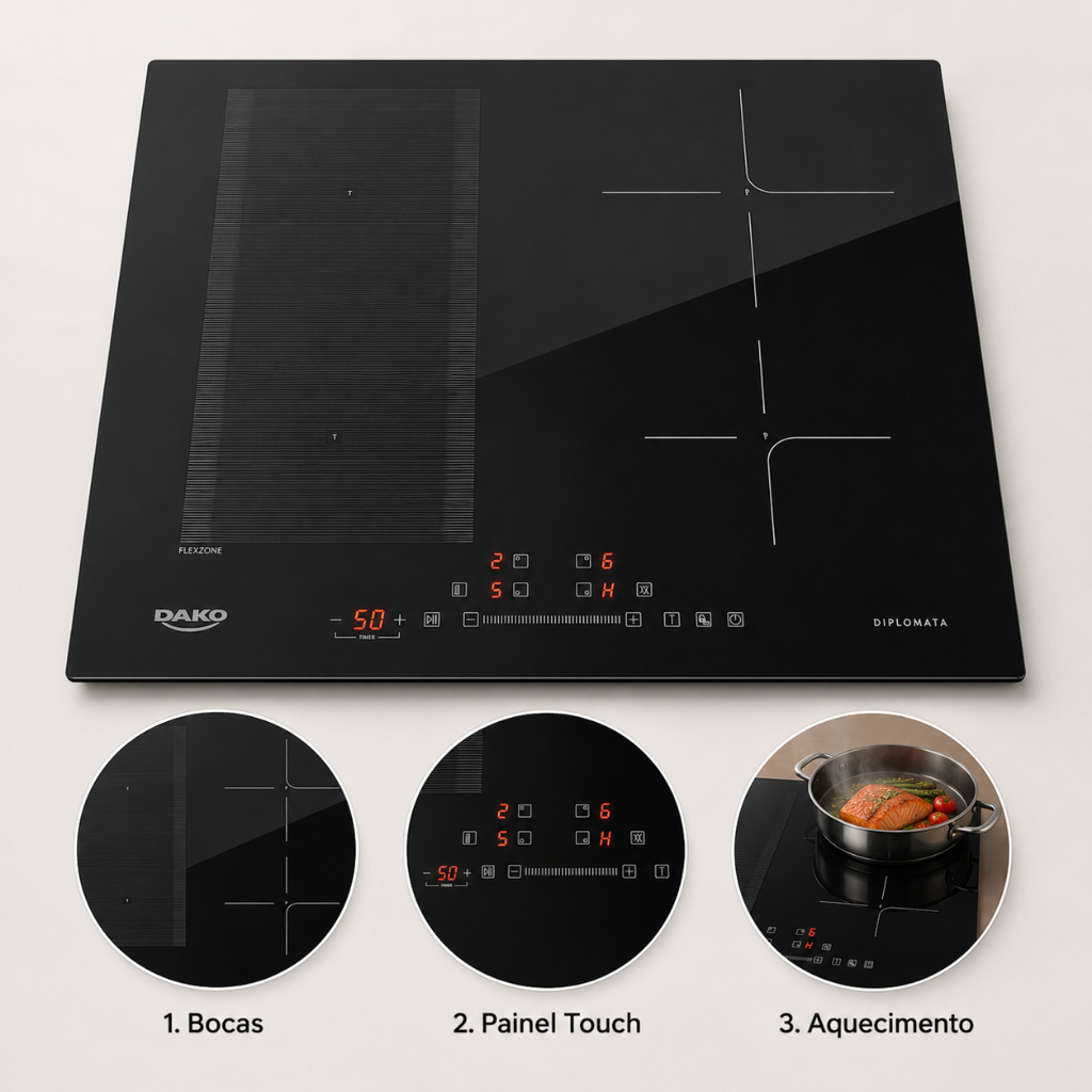 Cooktop Indução 4 Bocas 220v Preto Zona Flexível 9 Niveis Dako Diplomata