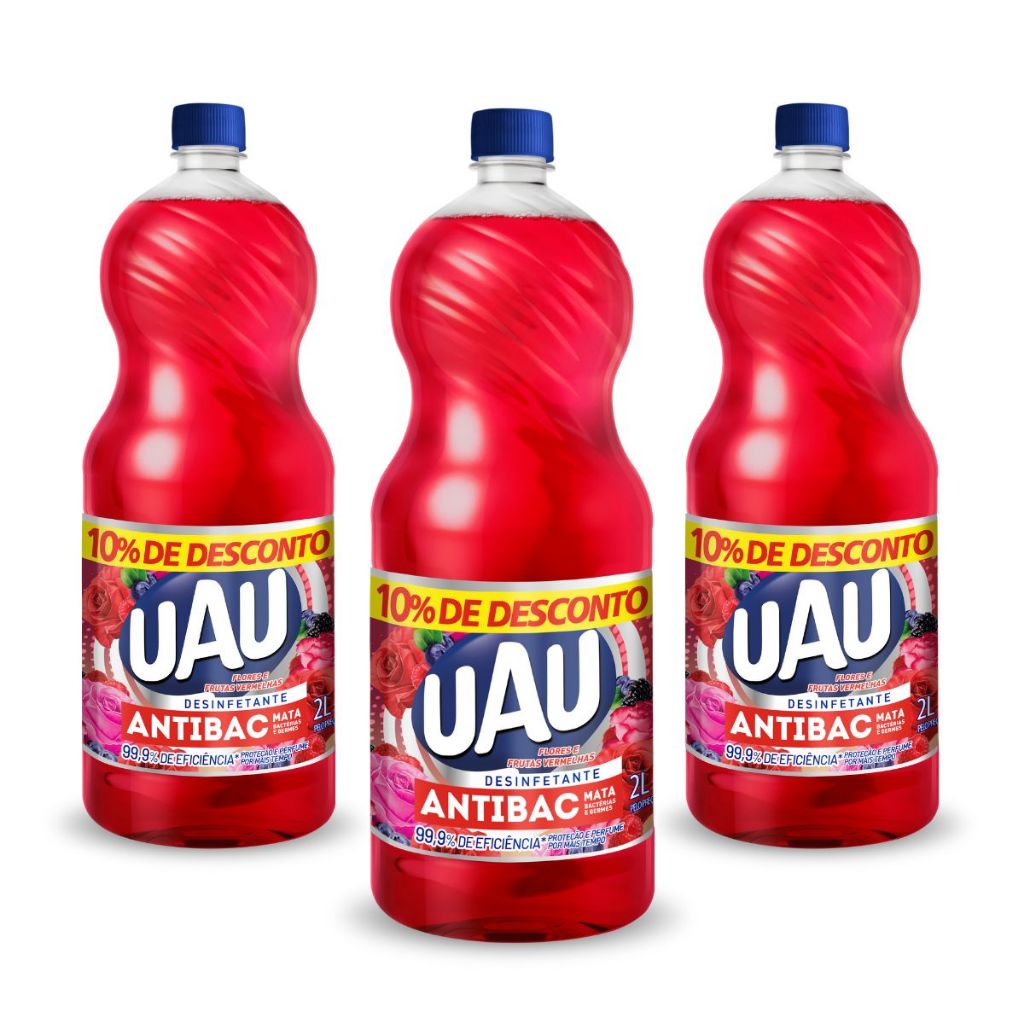Kit 3un Desinfetante Uau Antibac Flores e Frutas Vermelhas 2l