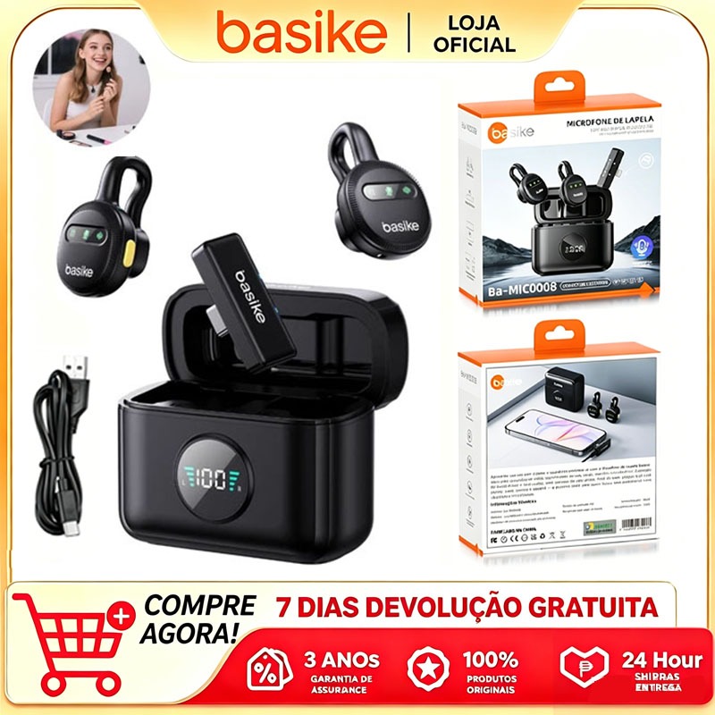 Basike Microfone Lapela Sem Fio Profissional Portátil Imã Redondo Anti Ruído Tipo C for Live Entrevista e Gravação