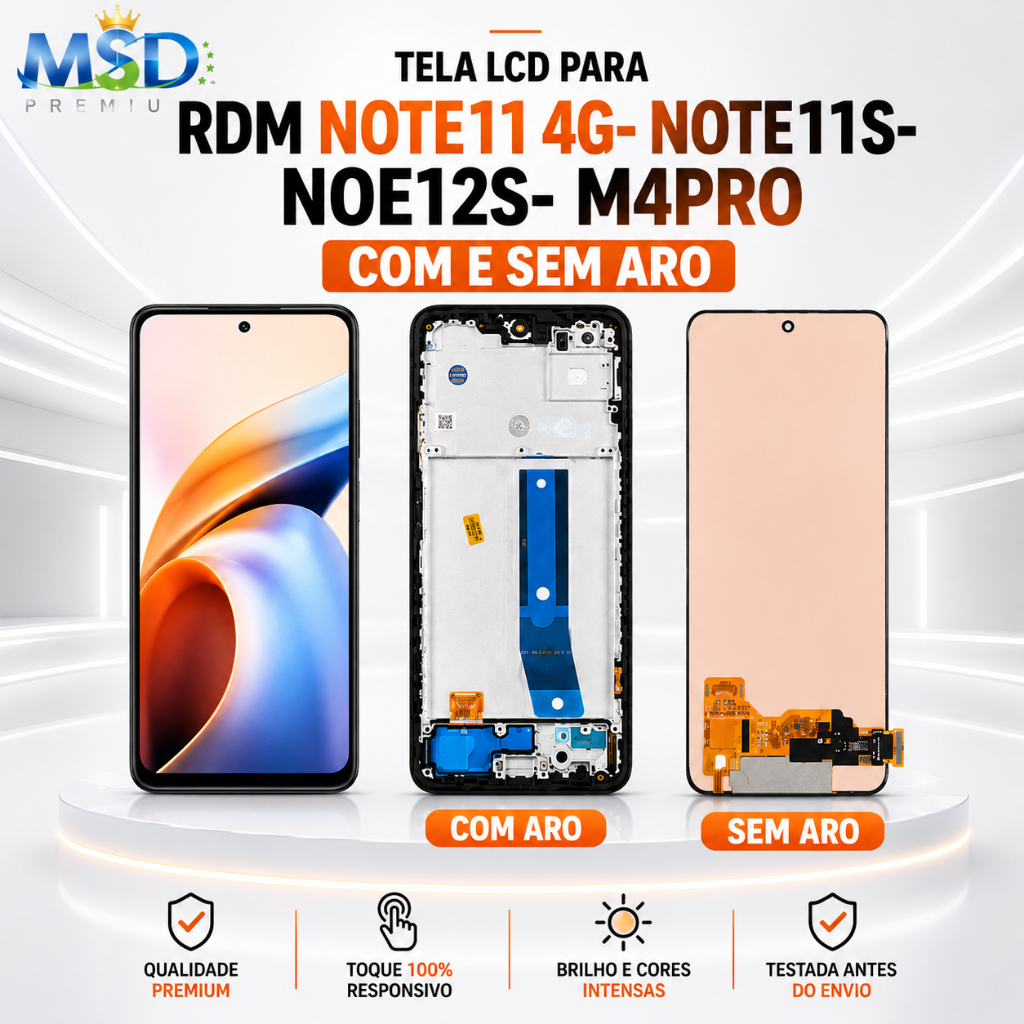 Frontal Tela Display Touch LCD Universal para RDM NOTE11 4G-  NOTE11S - NOTE12S - M4PRO 4G Preto