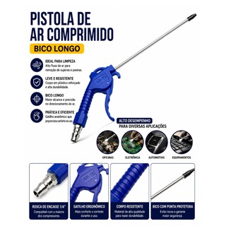 Pistola de Ar Comprimido 1/4 com Bico Longo 44cm para Compressor Limpeza Profissional