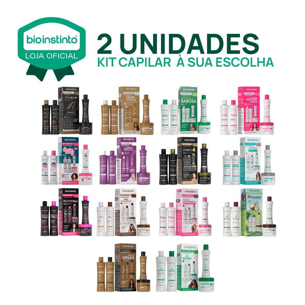 Kit Capilar Bio Instinto 4 Itens ( 2 Kits Completos ) A Sua escolha Lisos Cacheados Secos Hidratação