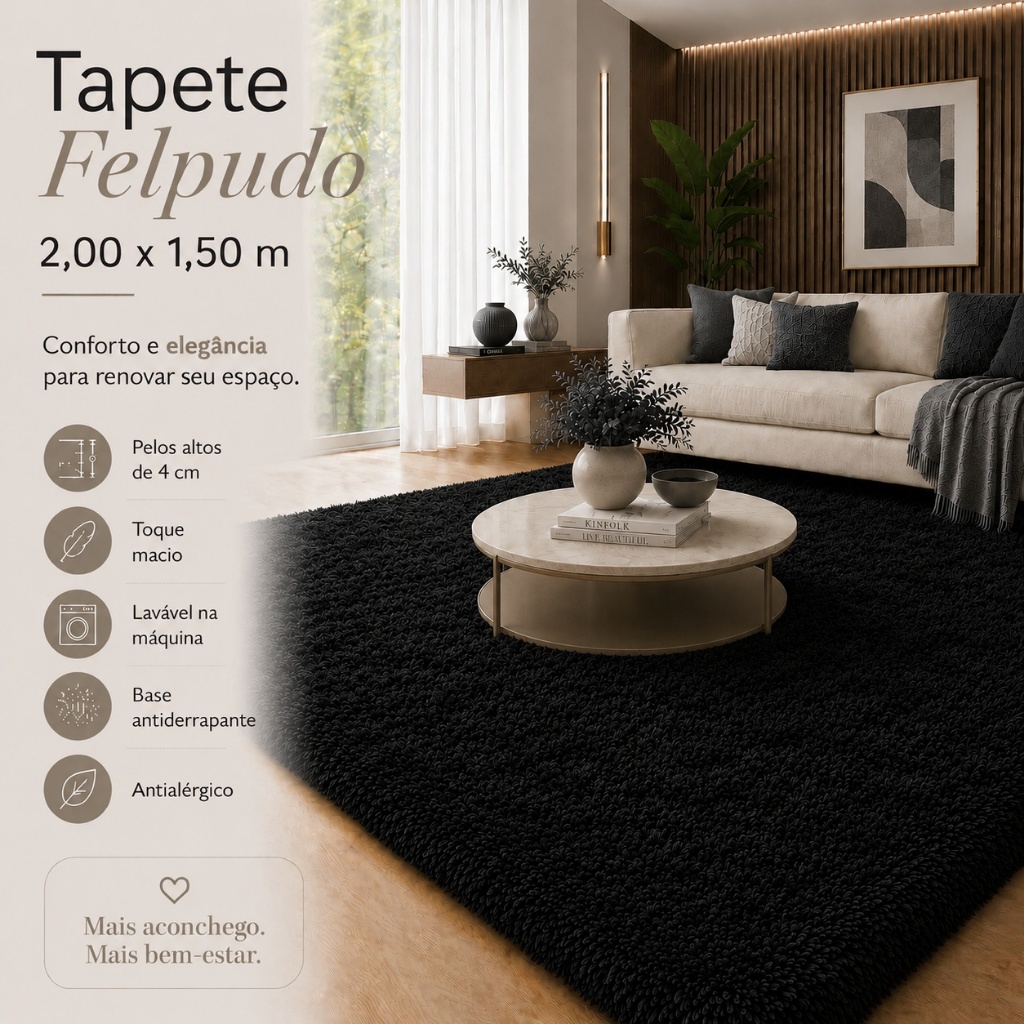 Tapete Shaggy Felpudo Preto 2,00x1,50 Pelo Alto 4cm Antiderrapante Lavável Para