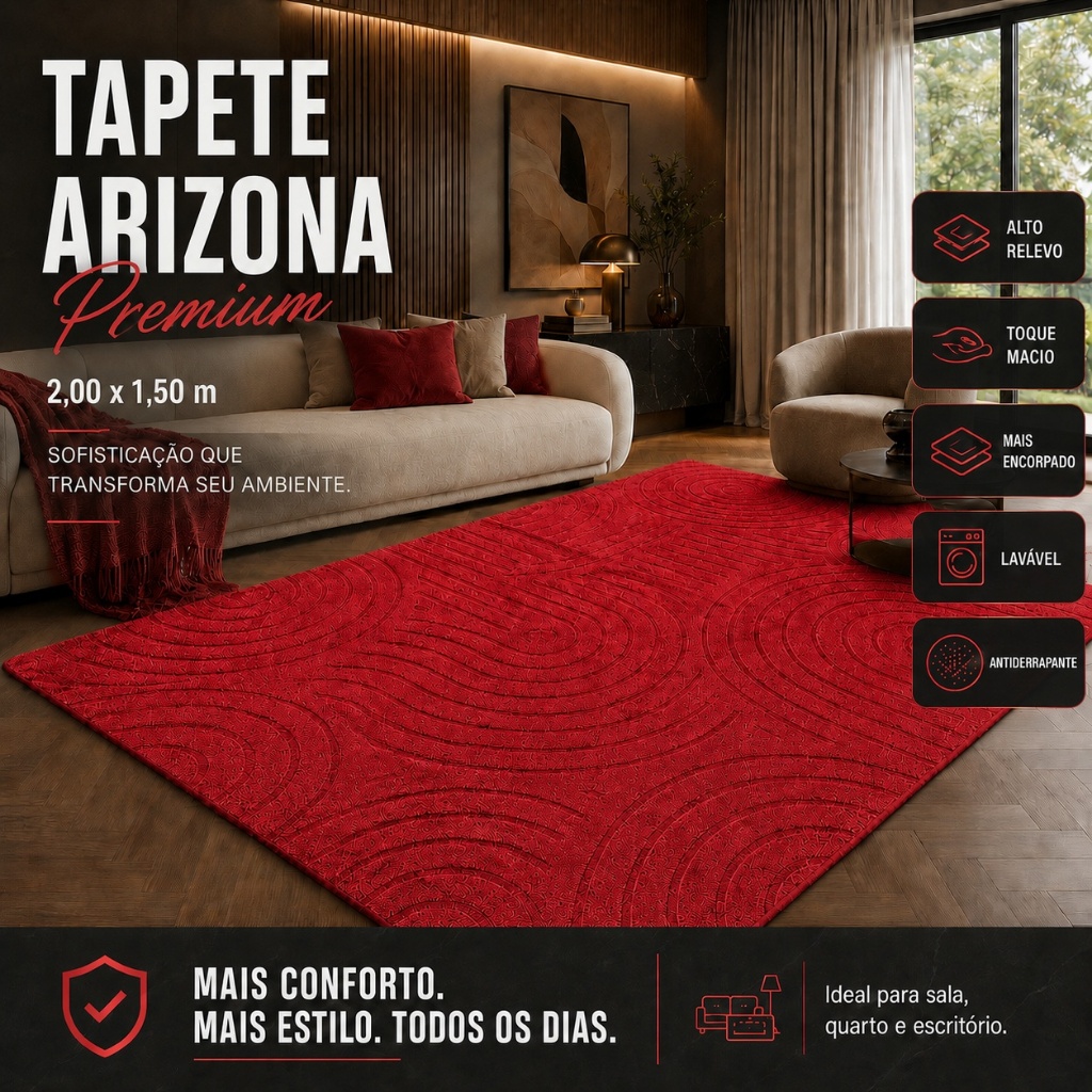 Tapete Premium Vermelho 2,00x1,50 Sala Quarto Escritório Alto Relevo Macio Antiderrapante