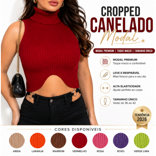 Top Cropped Modal Feminino Gola Alta Canelado Tricot Premium Modelagem Ajustada Toque Macio Elegante Envio Imediato