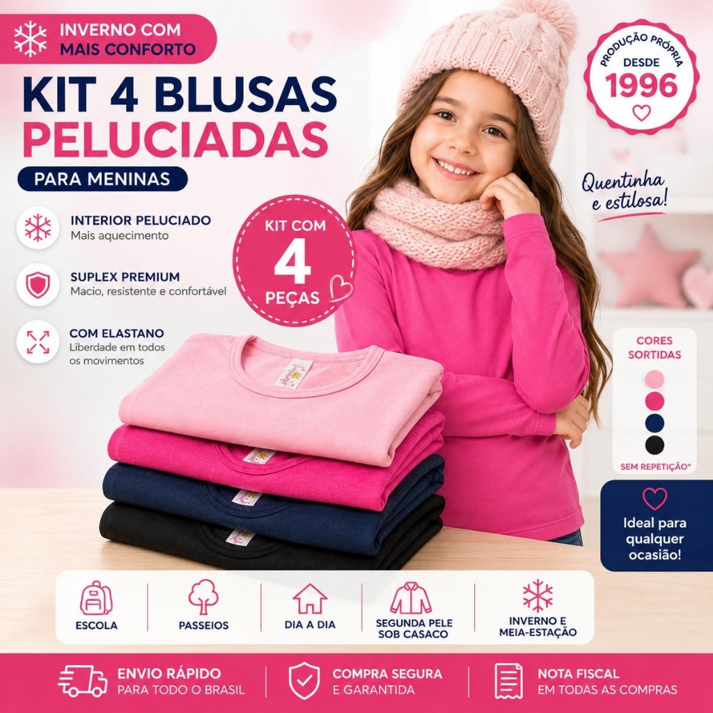 Kit 4 Blusas Peluciada Infantil Menina Manga Longa Termico Flanelado Inverno Escolar Segunda Pele