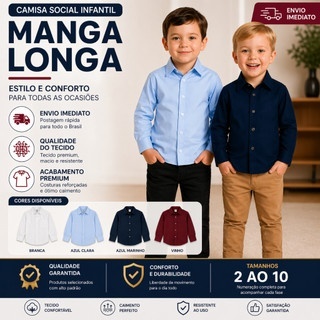 Camisa Social Infantil Manga Longa Estilosa para Festa e Dia a Dia ENVIO IMEDIATO !!!