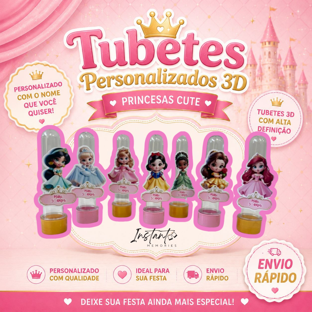Tubetes + Apliques 3D Personalizado Lembrancinha Festa Aniversário Princesas Cute