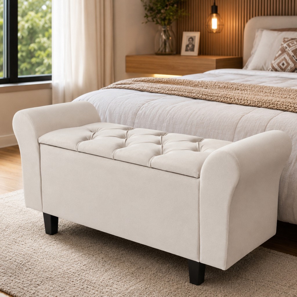 Recamier Baú Estofado com Braços Capitonê para Pé Cama Quarto Lara 1,50m Casal Elegante Decorativo