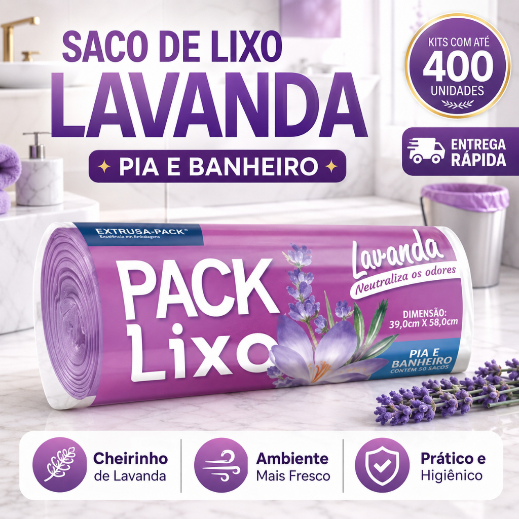 Saco de Lixo Lavanda Perfumado Anti Odor Pia e Banheiro 400 Unidades Reforçado Kit 1 3 6 ou 10
