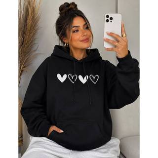 Moletom Feminino Com Capuz Flanelado Canguru Confortavel Desenho Coração Fofo Casual