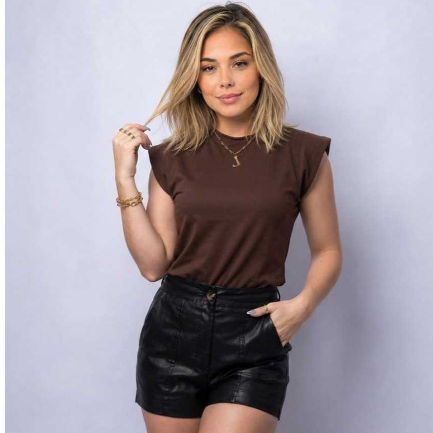 Blusa Feminina Muscle Tee Algodao Fio30.1 Penteado Camiseta Moda Casual Basica Sem Manga Regata Confortavel Elegante Top