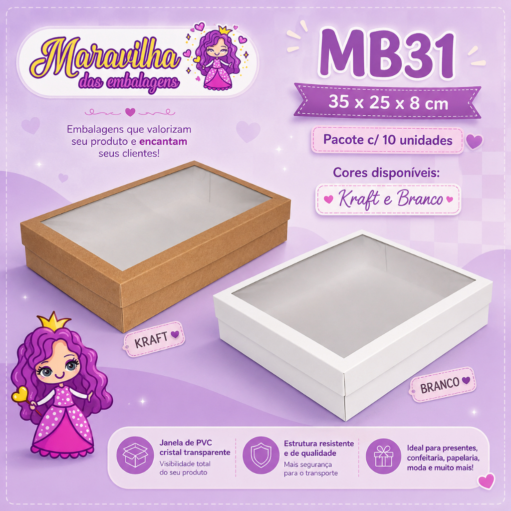 Embalagem MB31 com Visor em papel Kraft e Branco - 35x25x08 cm - Pacote com 10 unidades