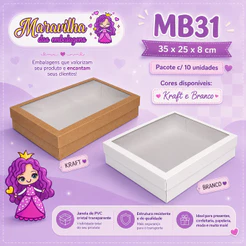 Embalagem MB31 com Visor em papel Kraft e Branco - 35x25x08 cm - Pacote com 10 unidades
