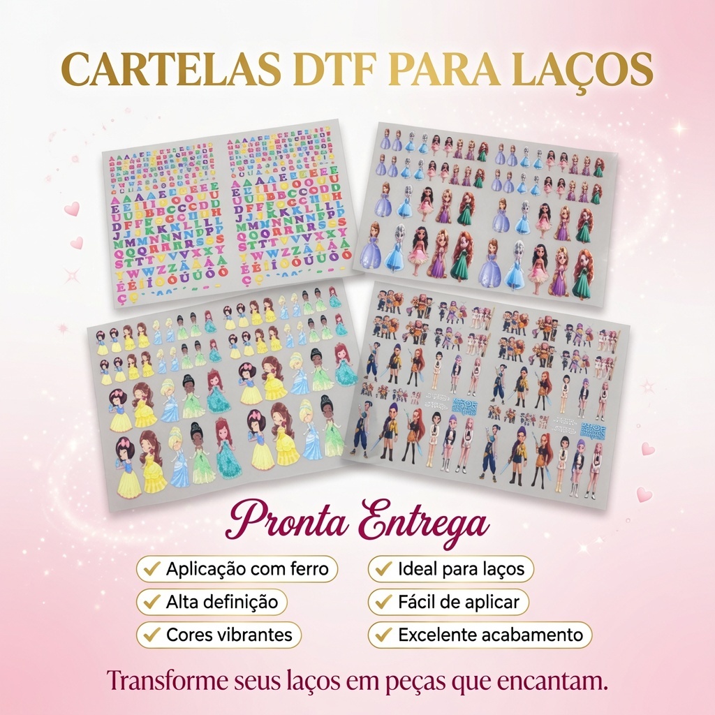 Cartela DTF têxtil termocolante para Laços Pronta Entrega personagens Aplique com Ferro Faça e Venda