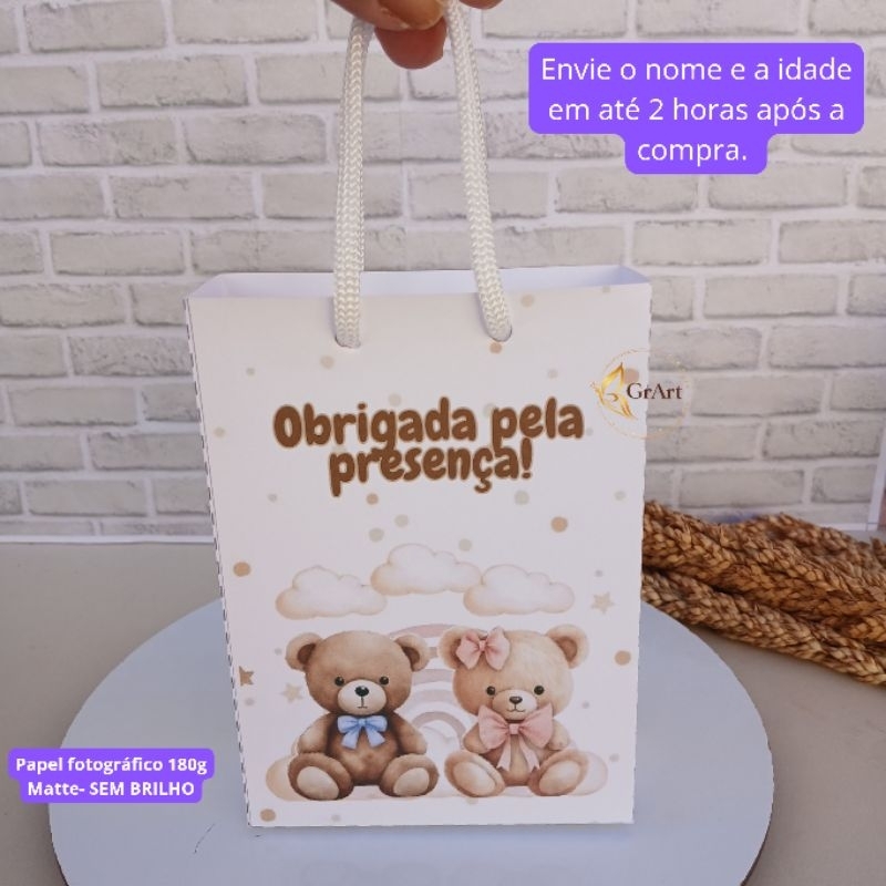 Sacolinha Personalizada Surpresa Lembrancinha Chá Revelação Ursinho/ Aniversário Infantil- Desmontada