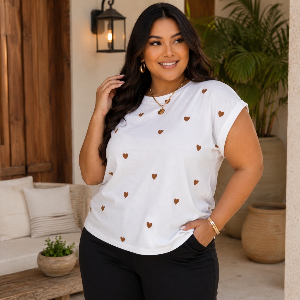 Blusa Feminina Manga Japonesa Coração Estampado Plus Size
