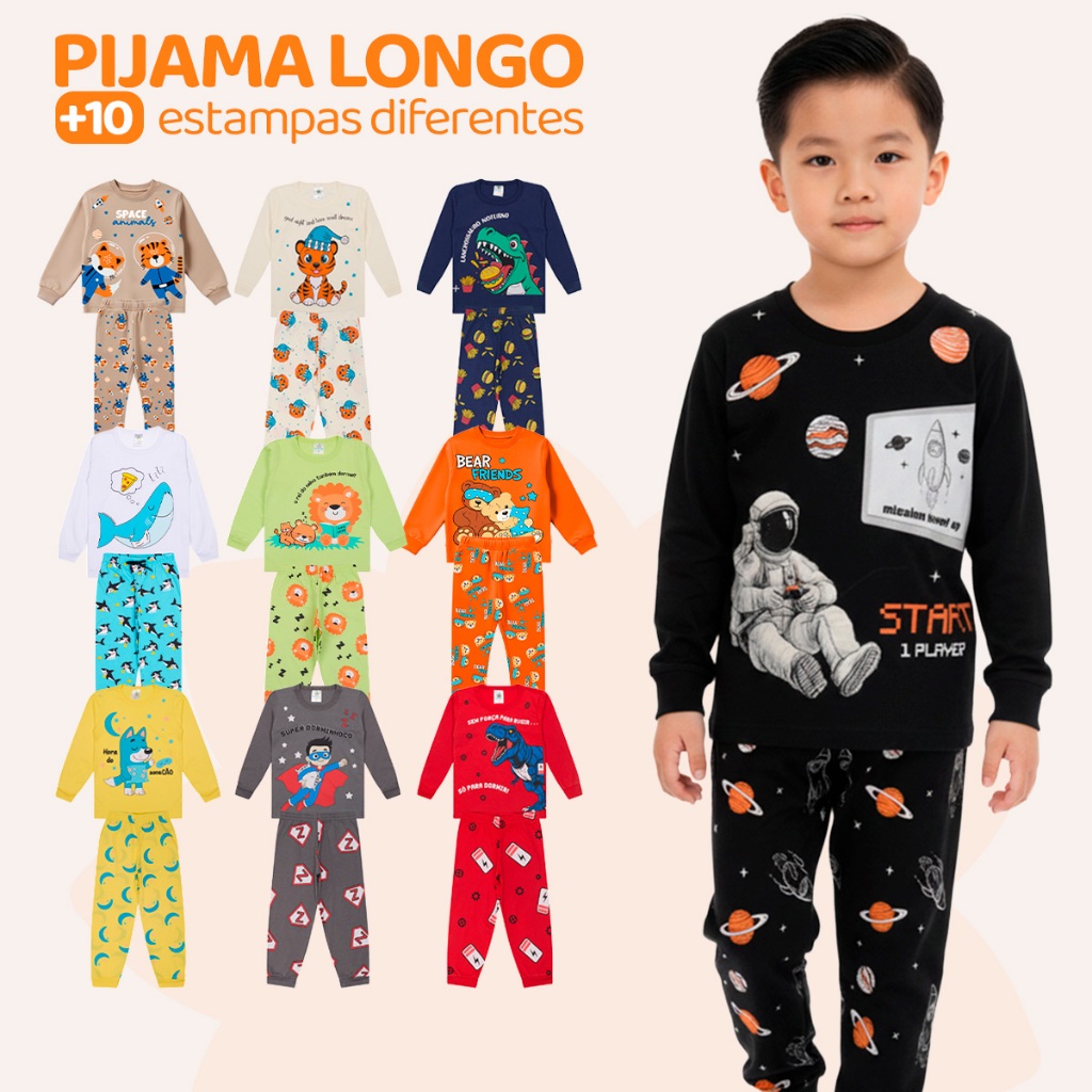 Kit Sortido 10 Peças Pijama Infantil Menino Manga Longa (5 Camisetas + 5 Calças) Tamanho 1 ao 10