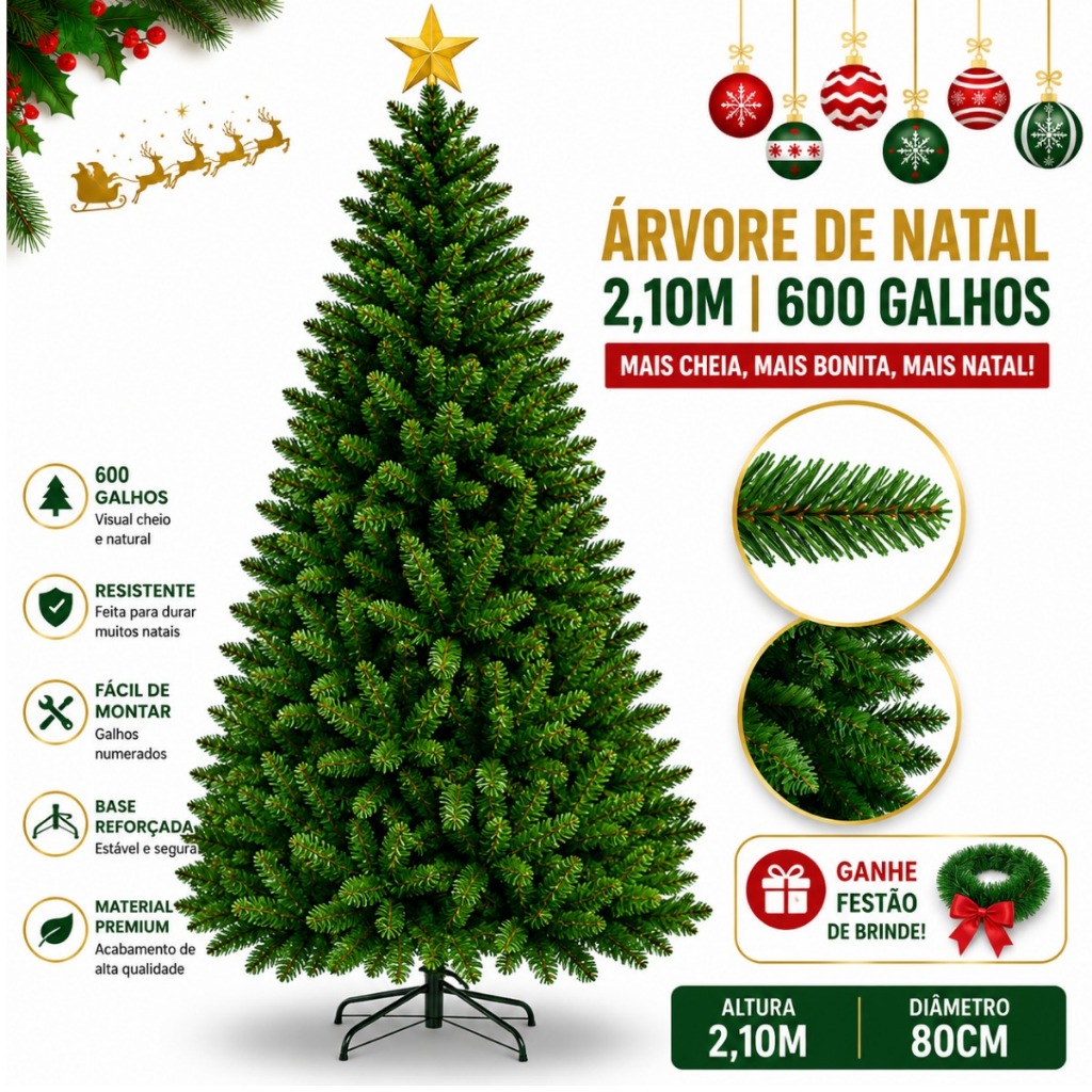 Árvore de Natal 2,10m Pinheiro Artificial Grande 600 Galhos Com Festão Enfeite Decoração Natalina