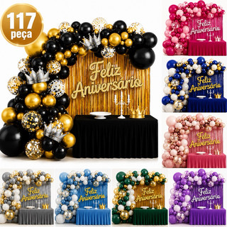 Kit 117 Peças Decoração Festa Feliz Aniversário Balões Cortina Metalizada