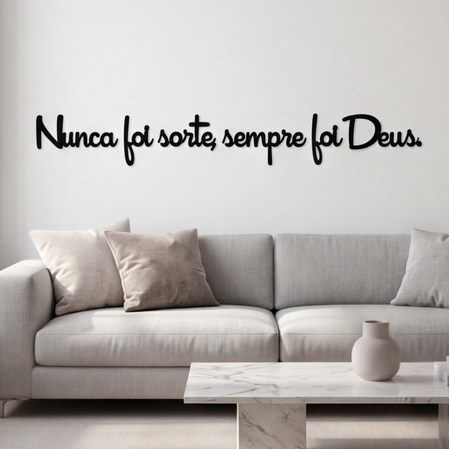 Frase de Parede Nunca Foi Sorte Sempre Foi Deus MDF Preto Decoração Sala Religiosa Cristã Fé