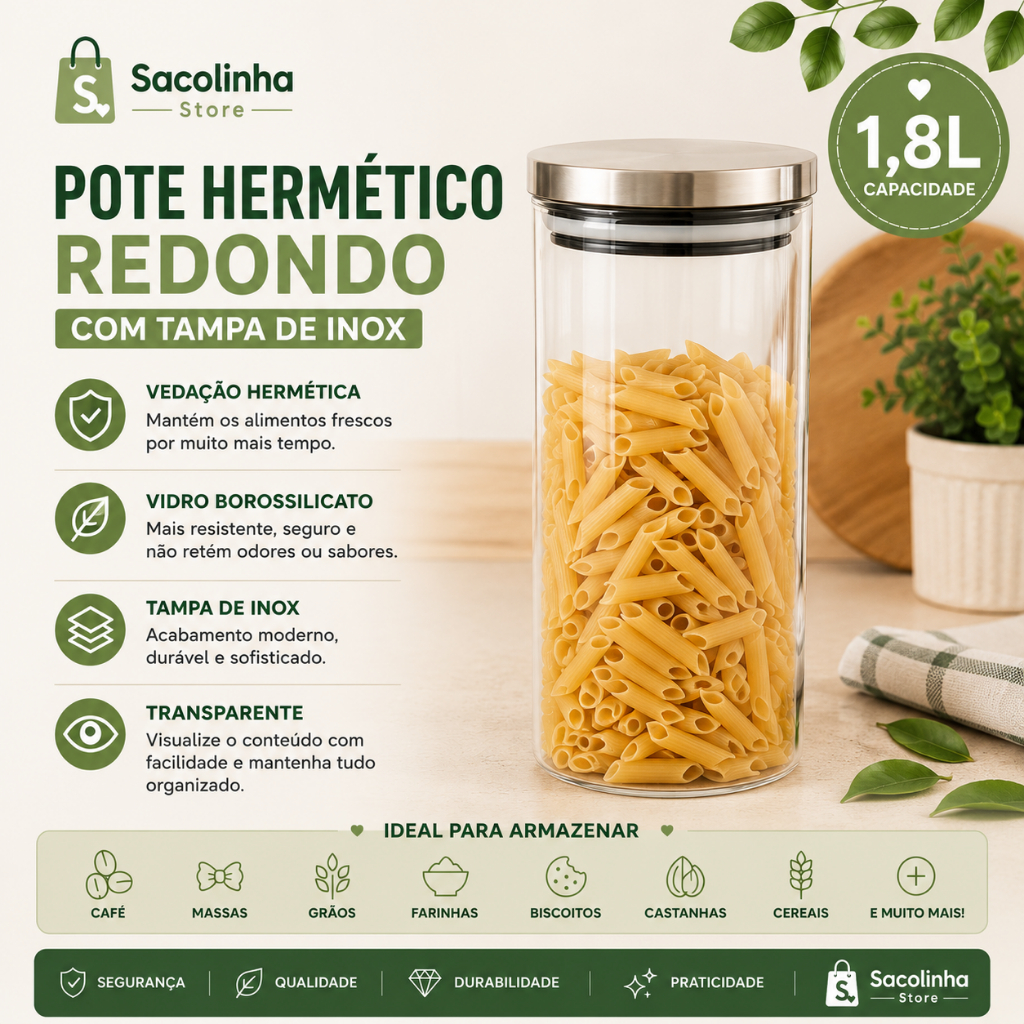 Pote Hermético Redondo Vidro Borossilicato 1,8L com Tampa de Inox Vedação Hermética Organizador de Mantimentos e Cozinha