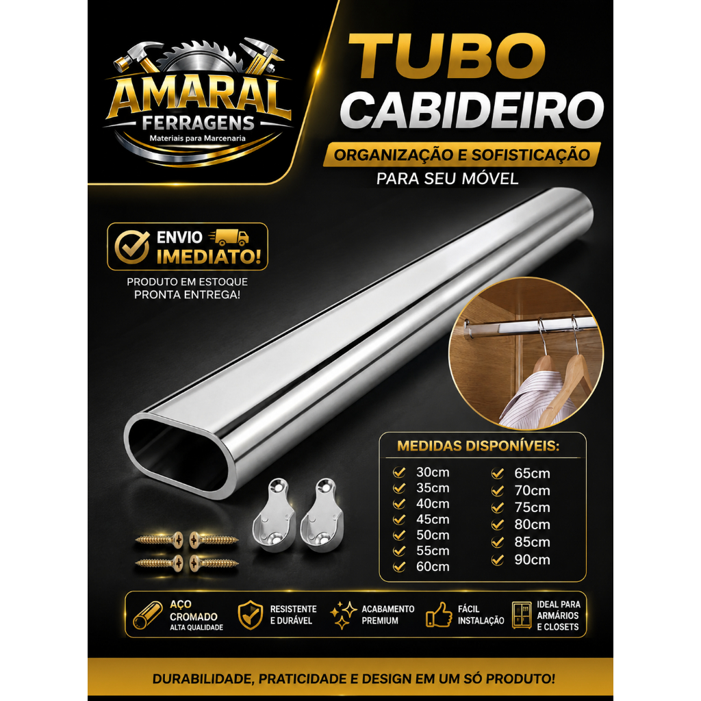 Kit Tubo Cabideiro Oval Para Guarda Roupa Arara Cromado Com Suportes