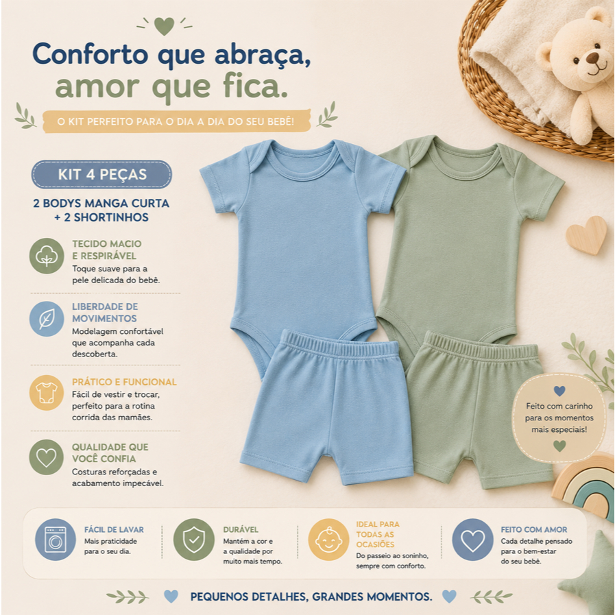 Kit 4 Peças Bebê 2 Bodies Manga Curta + 2 Shorts Verão Algodão Enxoval Menino Menina Unissex P M G