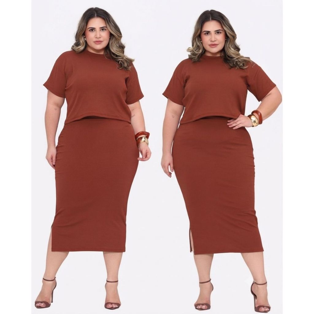 Conjunto Feminino Plus Size Saia Mídi Com Fenda Blusa Cropped Manga Curta Canelado Casual Confortável