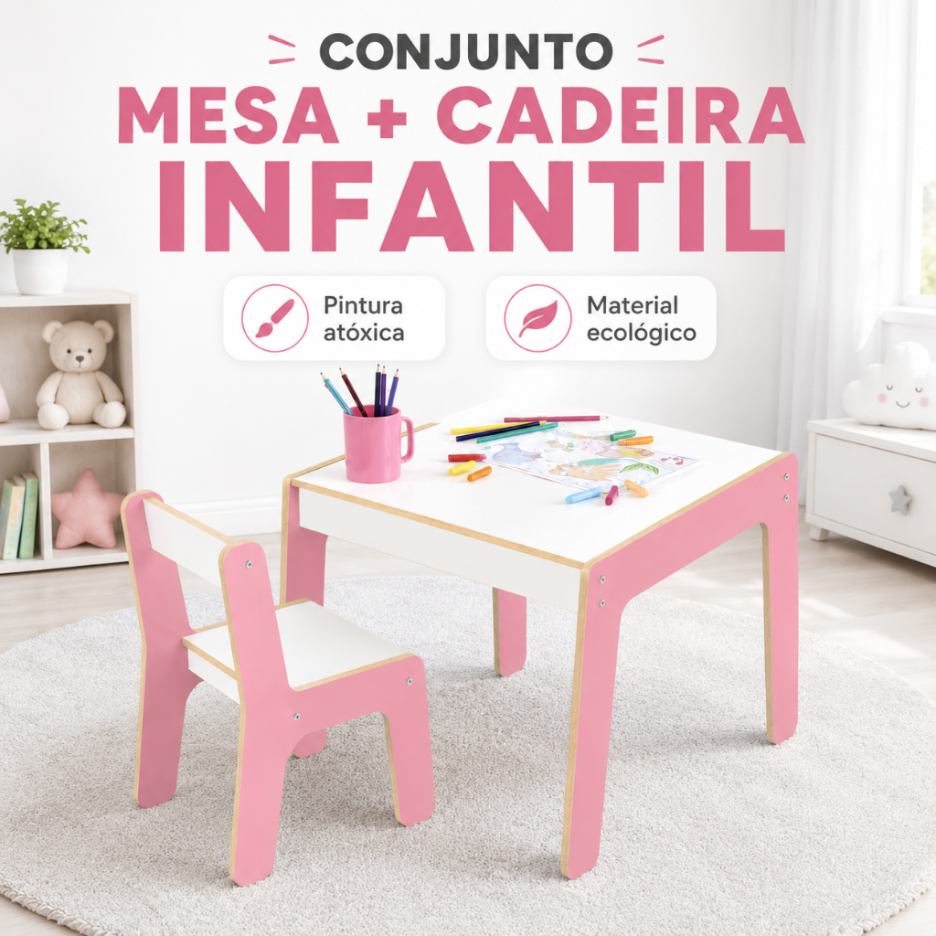Conjunto Mesinha e Cadeira Infantil Junges em MDF, Pintura Atóxica, Design Seguro e Leve
