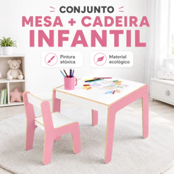 Conjunto Mesinha e Cadeira Infantil Junges em MDF, Pintura Atóxica, Design Seguro e Leve