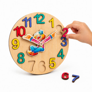 Relógio de Brinquedo Educativo Pedagógico Infantil Palhaço em MDF Encaixe Números Aprender Horas