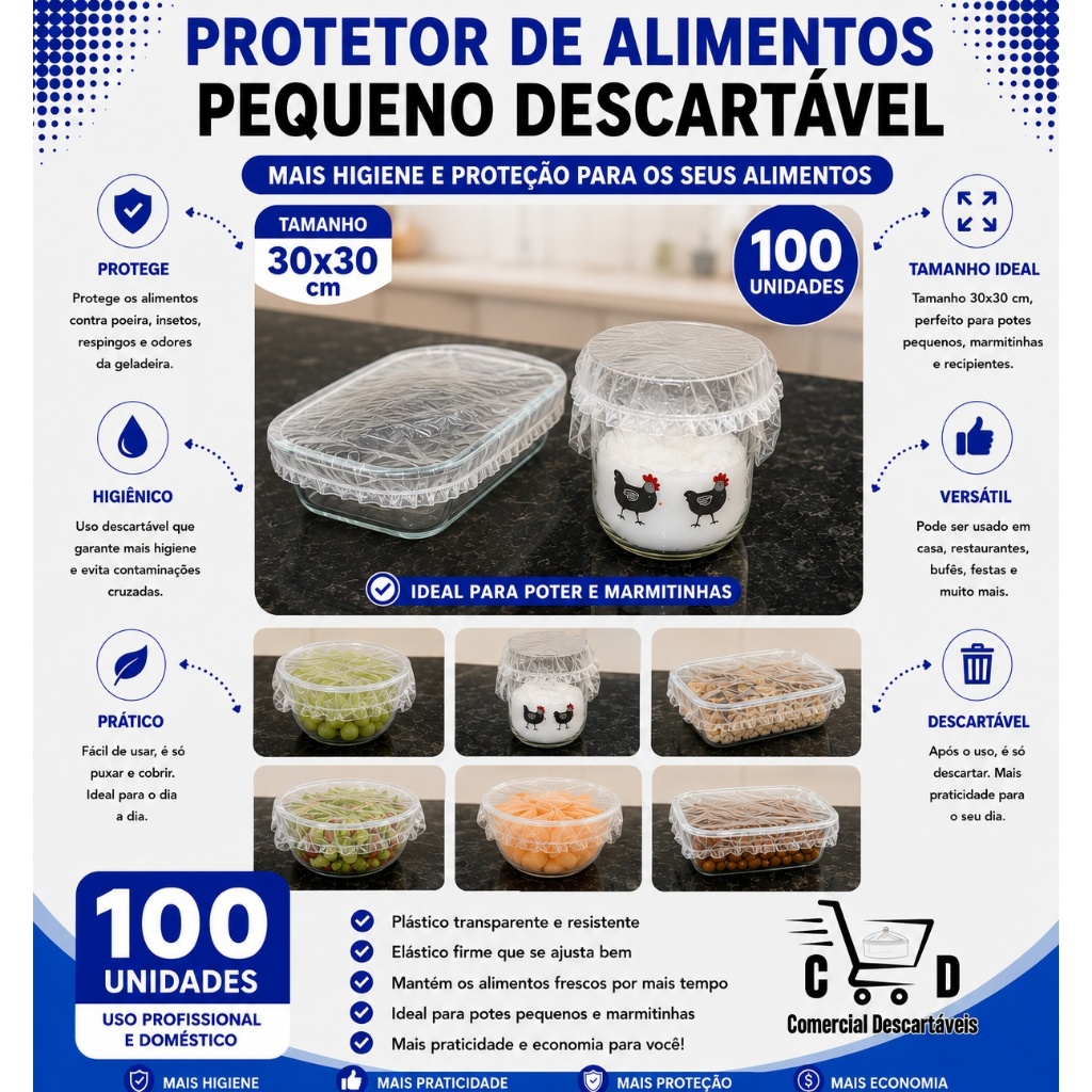 Protetor de Alimentos 30x30cm 100UN Descartável Tampa Plástico Potes Pequenos Cozinha Geladeira