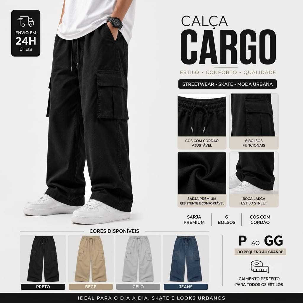 Calça Cargo Masculino e Feminino Sarja Jeans Premium 6 Bolsos Streetwear Skate Moda Rua P ao GG