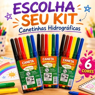 Kit 10 a 50 Estojos de Canetinhas Hidrográficas com 6 Cores - Revenda, Escolar, Lembrancinhas ️