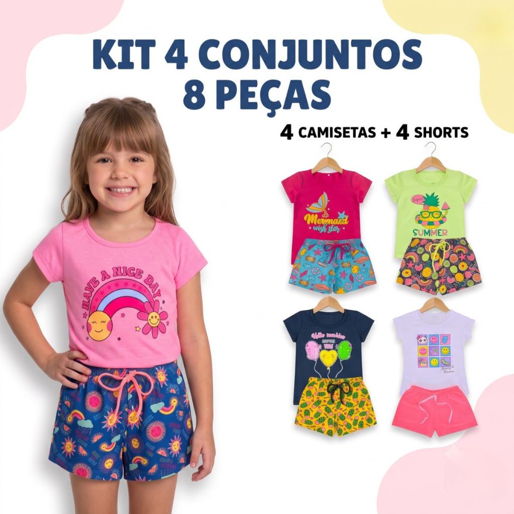Kit 4 Conjuntos Infantil Menina Verão 8 Peças Roupa Bebê Feminina 4 Camisetas 4 Shorts 1 a 8 Anos