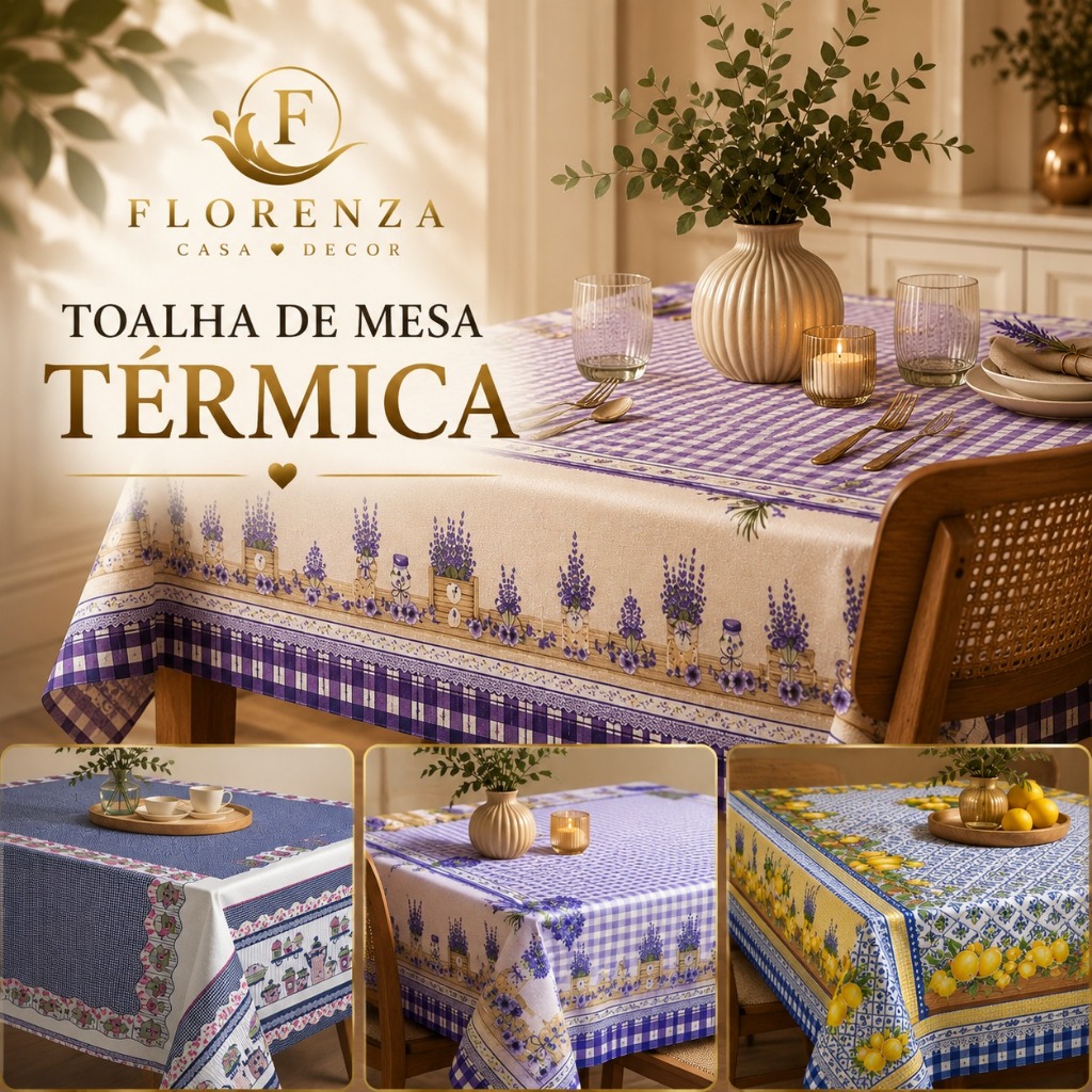 Toalha de Mesa Térmica Impermeável Estampada — 4 a 12 Lugares | Forro Plástico Decoração de Cozinha