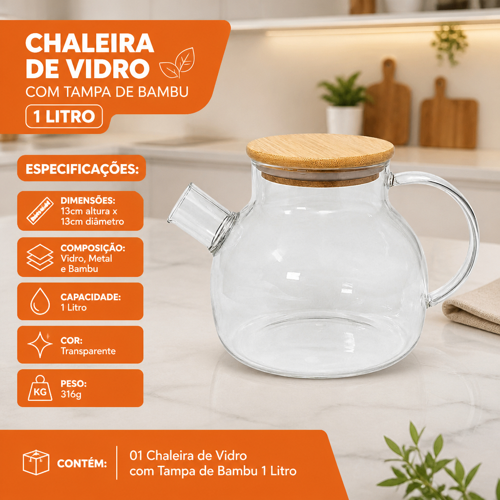 Chaleira de Vidro com Tampa Bambu 1 Litro, Praticidade, Alta qualidade, Sofisticado, Utilidade Doméstica - Ideal